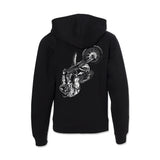 Youth black hoodie back view with rider and wheel graphic