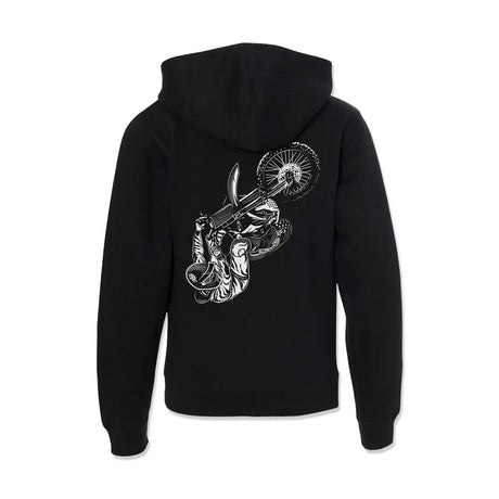 Back of black youth hoodie showing large rider-and-wheel graphic