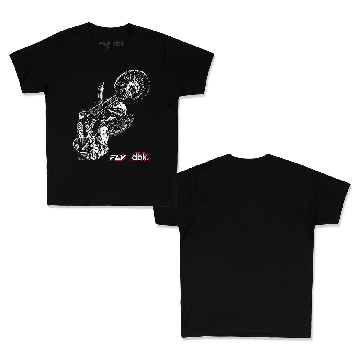 Youth black T-shirt pair: front has white rider wheel graphic; back is plain