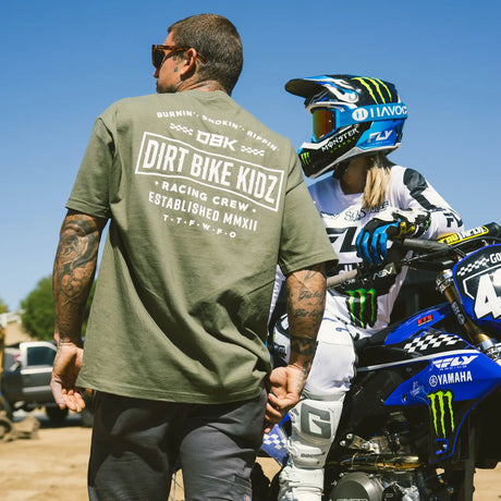 Military green T-shirt, back print with “DIRT BIKE KIDZ” racing crew graphic