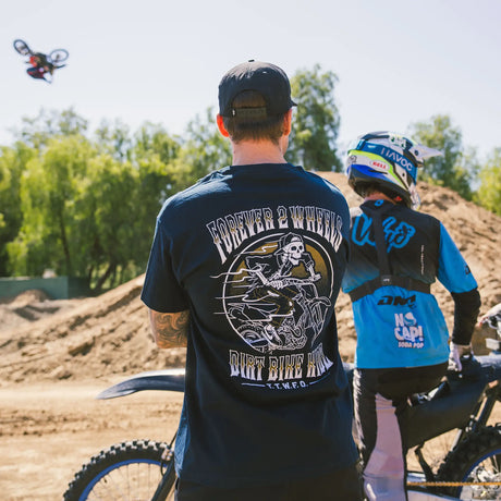 Navy Ghost Rider Tee back graphic with skull rider and DIRT BIKE KIDZ text