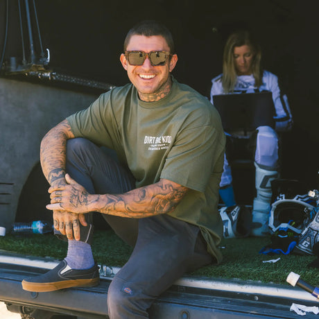Military green T-shirt, front logo print “DIRT BIKE KIDZ”