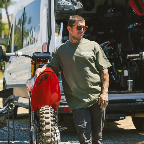 Military green Speed & Style Tee with small chest logo text