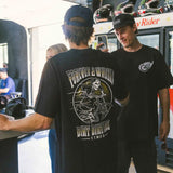 Black T-shirt worn from behind, with large back wheel rider graphic