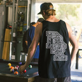 Black tank top with large patterned back logo graphic