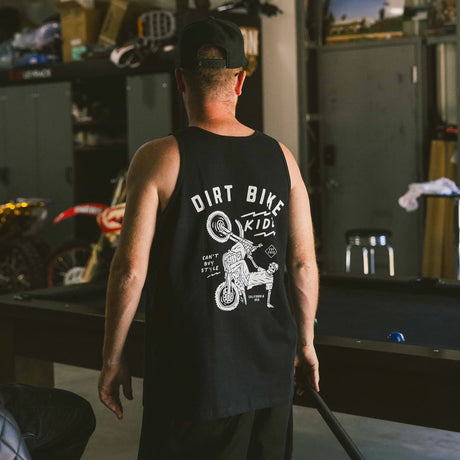 Back of black tank top with large motorcycle graphic and text print