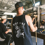 Black kids tank top back view with 'DIRT BIKE KIDZ' motorcycle print