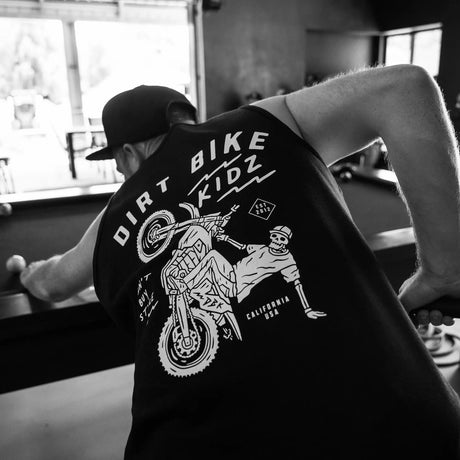 Dirt Bike Kidz tank top, black with large motorcycle graphic on the back