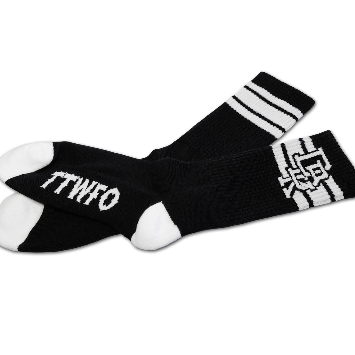 Black crew sock with white stripes, “TTWTF” lettering, and top graphic detail.