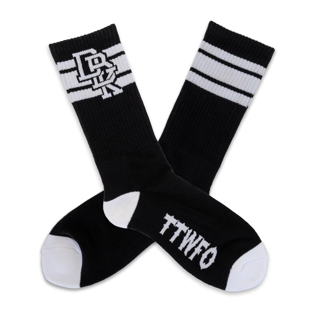 2-pack black crew socks with white stripes, top graphic, and “TTWTF” lettering at ankle.