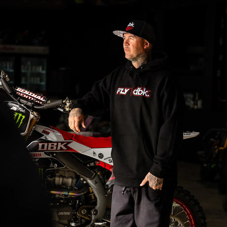 Black FLY dbk hoodie with chest logo, front kangaroo pocket and drawstring hood