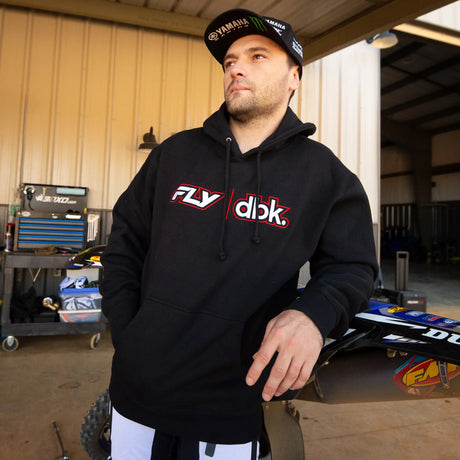 Black hoodie with chest FLY and dbk logos and front kangaroo pocket