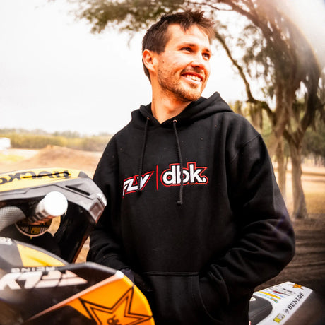 Dirt Bike Kidz black hoodie with drawstring hood, kangaroo pocket, FLY dbk chest logo