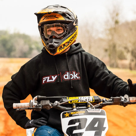 Black hoodie with FLY and dbk logo on the chest, front pocket visible