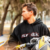 Black hoodie with red and white chest logo, front view with hood down