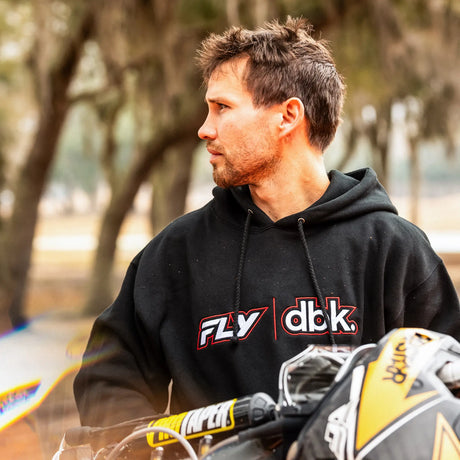Black hoodie with FLY dbk chest logo, drawstring hood and kangaroo pocket
