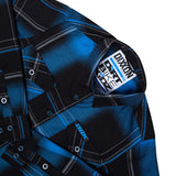Blue-and-black plaid flannel shirt sleeve with logo patch and button cuff