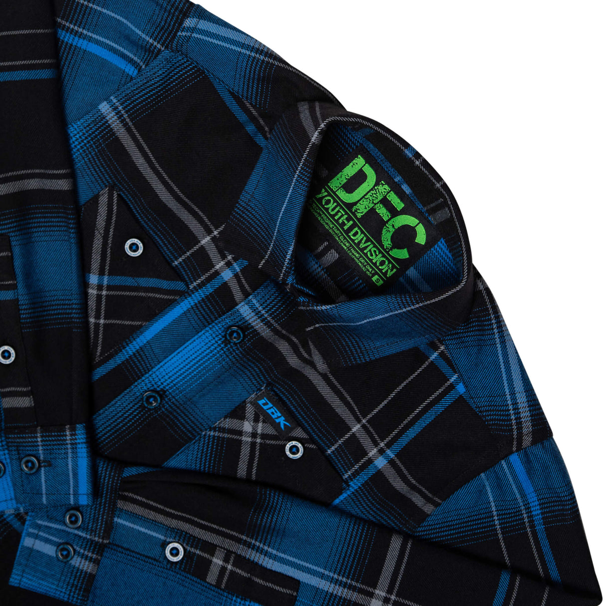 Youth flannel shirt chest panel detail in blue and black plaid with buttons