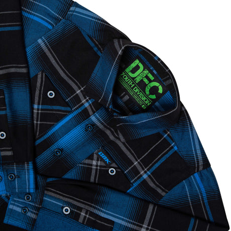 Youth flannel shirt chest panel detail in blue and black plaid with buttons