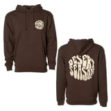 Desert Season Hoodie, dark brown pullover with hood, drawstrings, and chest logo print