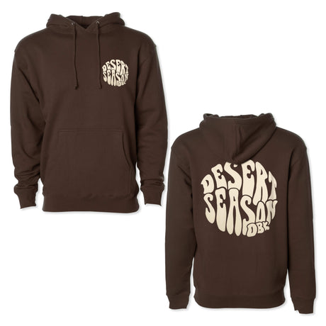 Desert Season Hoodie, dark brown pullover with hood, drawstrings, and chest logo print