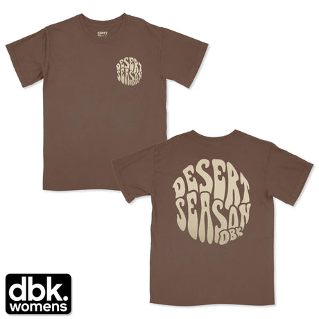Brown womens graphic T-shirt with crew neck and Desert Season logo on front