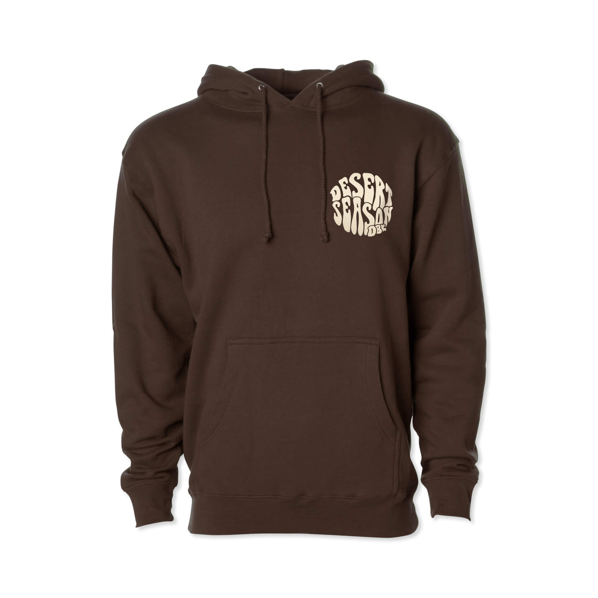 Desert Season Hoodie front view: dark brown pullover with hood, drawstrings, and chest print