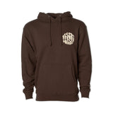 Desert Season Hoodie front view: dark brown pullover with hood, drawstrings, and chest print