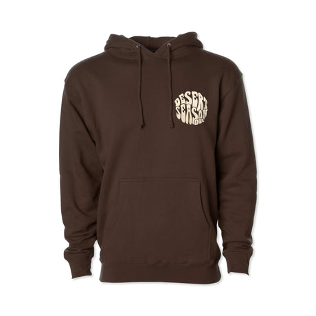 Desert Season Hoodie front view: dark brown pullover with hood, drawstrings, and chest print