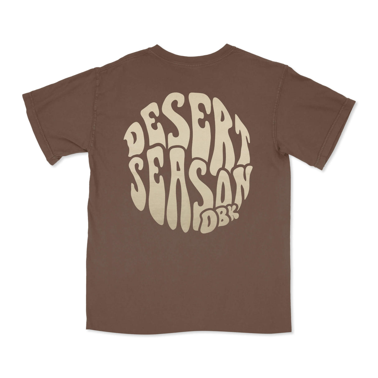 Brown womens graphic T-shirt with crew neck and small Desert Season logo on front