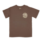 Brown womens graphic T-shirt on model with Desert Season logo on front chest