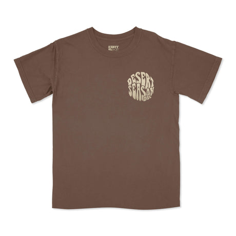 Brown womens graphic T-shirt on model with Desert Season logo on front chest