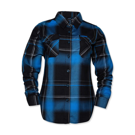 Women’s blue-and-black plaid flannel shirt with button-front and point collar