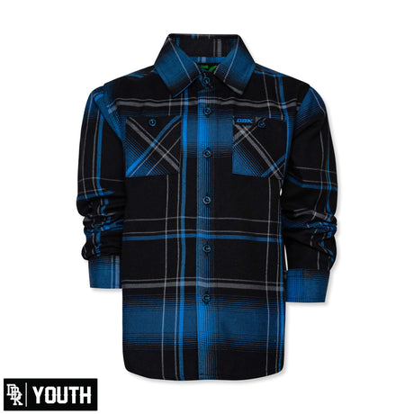 Youth flannel shirt in black and blue plaid, button-front with chest flap pockets