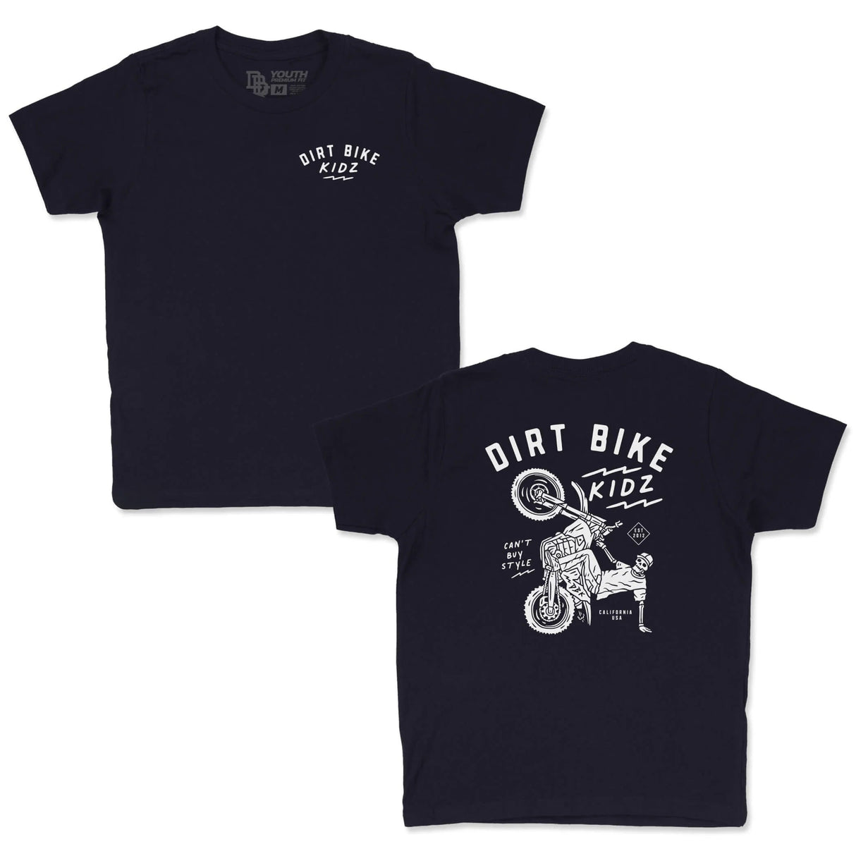 Navy youth premium tee with front logo graphic reading DIRT BIKE KIDZ