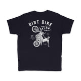 Navy youth premium tee with back Dirt Bike Kidz rider graphic and small text
