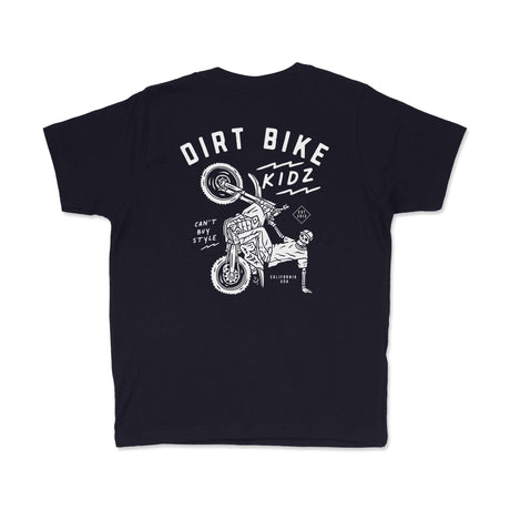 Navy youth premium tee with back Dirt Bike Kidz rider graphic and small text