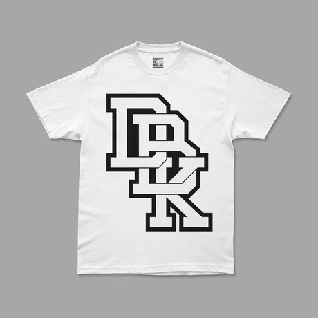 White crewneck T-shirt with large black stacked logo graphic on the chest