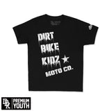 Greasemark youth premium tee, black with white distressed "DIRT BIKE KIDZ" graphic