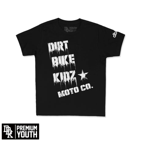 Greasemark youth premium tee, black with white distressed "DIRT BIKE KIDZ" graphic