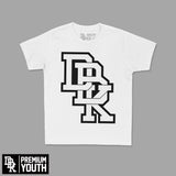 Youth premium T-shirt, white with large black stacked letter graphic on front
