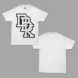 Two white crewneck T-shirts: one with black stacked logo, one plain