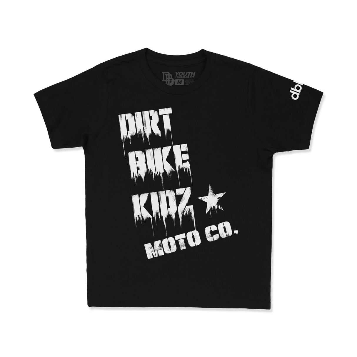 Youth premium tee front view: black shirt with white distressed "DIRT BIKE KIDZ" print