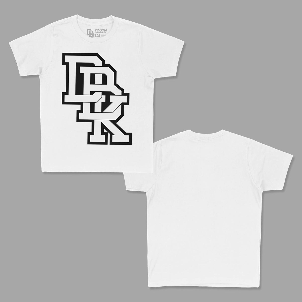 Youth premium T-shirt set: one white with black stacked letter front, one plain back