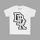 Youth premium T-shirt, white with large black stacked letter graphic on front