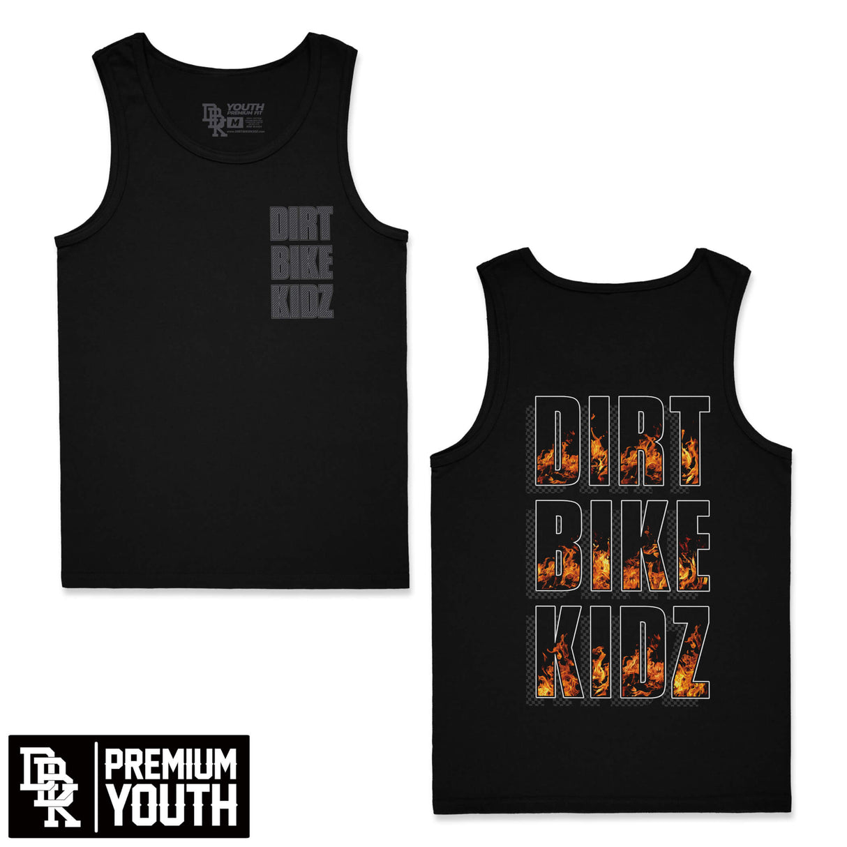 Black youth tank top set; front and back show 'DIRT BIKE KIDZ' text