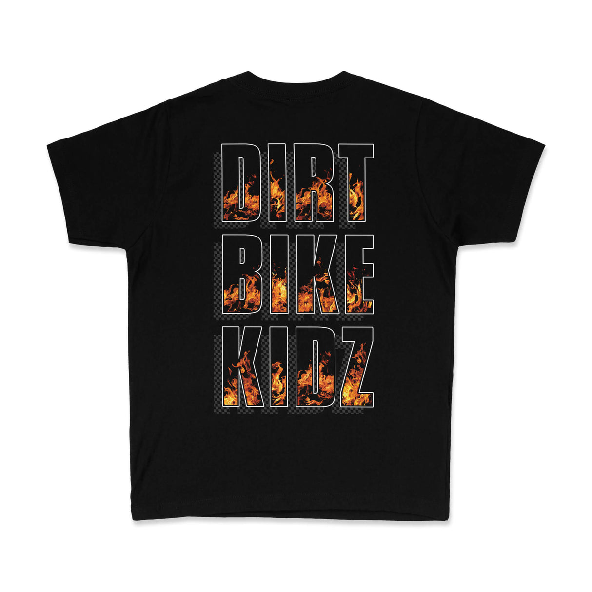 Black youth premium tee with large back graphic text DIRT BIKE KIDZ with flame details