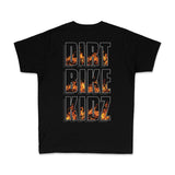 Black youth premium tee with large back graphic text DIRT BIKE KIDZ with flame details