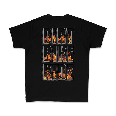 Black youth premium tee with large back graphic text DIRT BIKE KIDZ with flame details