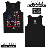 Black tank top with multicolor urban graphic print on the front, crew neck style